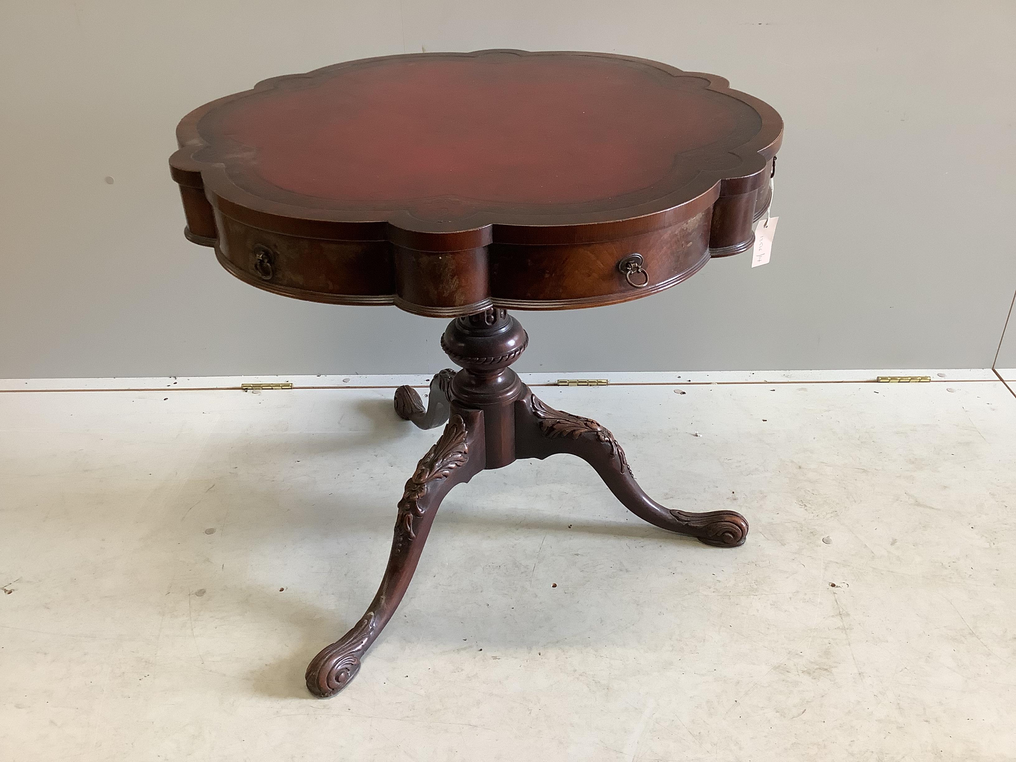 A Victorian style circular mahogany tripod centre table, with leather inset top, diameter 79cm, height 71cm